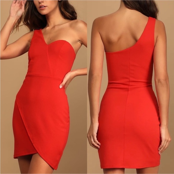 Lulus Dresses & Skirts - Lulus NWT Get Gorgeous Red one shoulder Faux-Wrap mini dress Medium